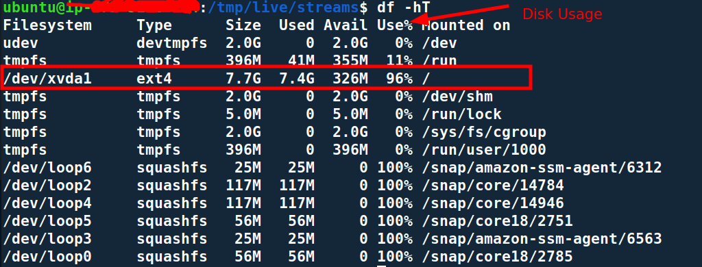 Screenshot of a query that can help check disk usage. 