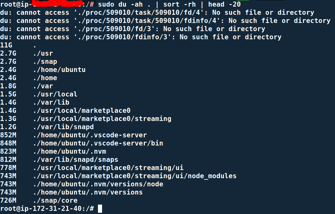 Screenshot of a query which shows the cloud VS code server storage. 