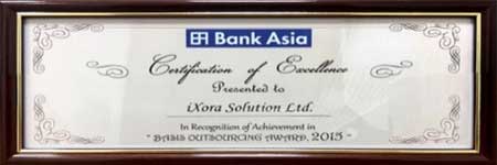 Certificate of Excellence for Outsourcing in 2016 from Bank Asia