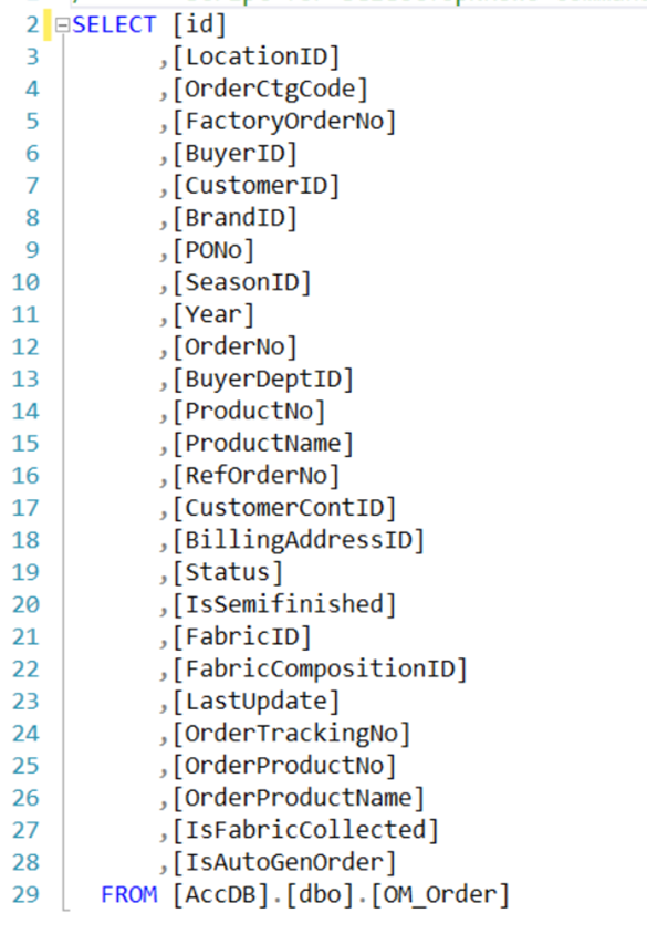 Screenshot of source code snippet displaying removal of the unnecessary columns from SELECT Statements.